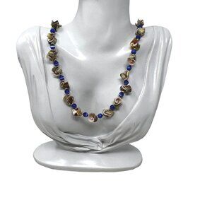 Handmade‎ Shell Necklace Blue White Striped Gold Tone Beads